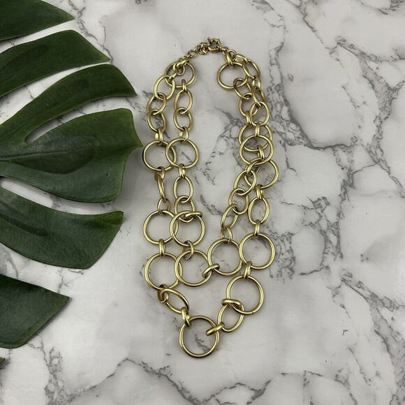 J.Crew Chunky Double Chain Necklace Gold Tone Metal Layered Metallic - Picture 1 of 4